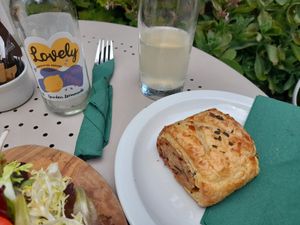 Vegan sausage roll and lovely (literally lovely) at Lucy's Tearoom  in Stow-on-the-wold