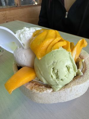 Coconut, Pandan, and (in the back) Thai Tea w Mango, No Condense Milk  at Coco Bomb in San Diego