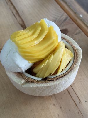 Sundae w Mango Topping, Coconut Ice Cream, Thai Tea Ice Creamm  at Coco Bomb in San Diego