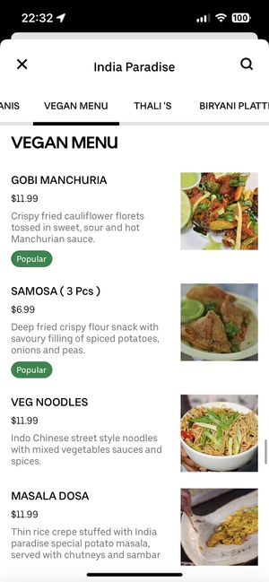 Vegan menu (Uber Eat Jun 2023)  at India Paradise in Windsor