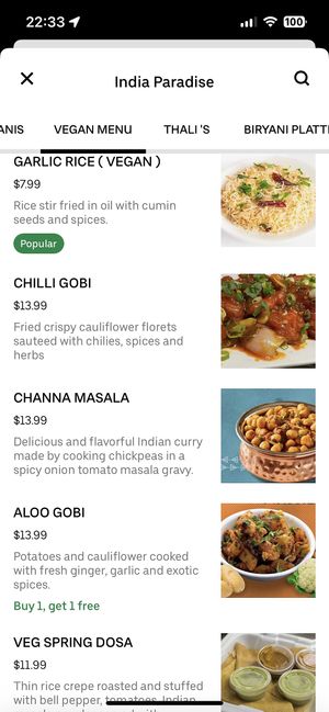 Vegan menu (Uber Eat Jun 2023)  at India Paradise in Windsor