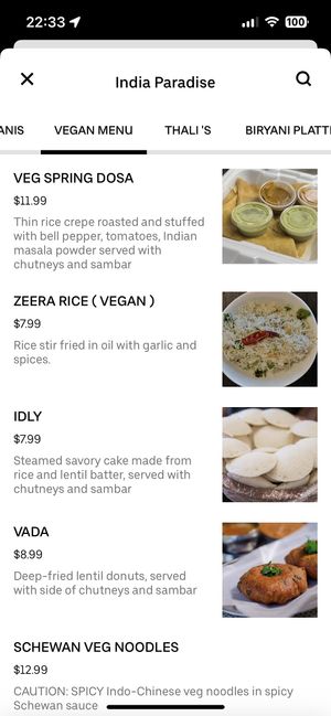 Vegan menu (Uber Eat Jun 2023)  at India Paradise in Windsor