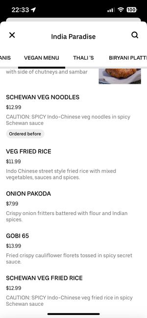 Vegan menu (Uber Eat Jun 2023)  at India Paradise in Windsor