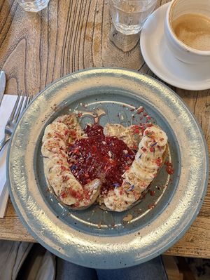 Peanut Butter Toast with Banana, Jam and Maple Syrup   at Franziska in Budapest