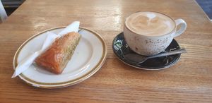 Baklava and cappuccino at Patisserie La Reine in Bristol