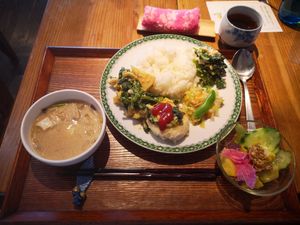 Soy milk soup, rice, vegetable patty, fried veg, pickled veg, salad at Collaboration Cafeteria - コラボ食堂 in Ueda