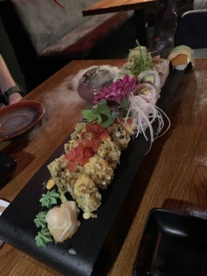 Crunchy roll, California roll, nigiri (all seperate but on one plate)  at Padme Hum  in Munich