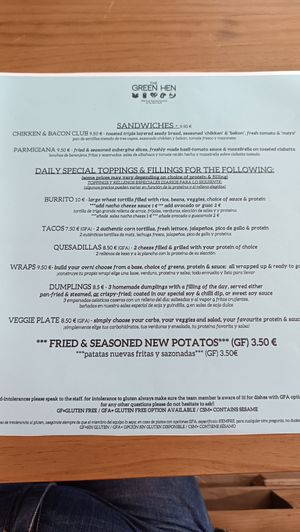 La carte at The Green Hen in Orihuela