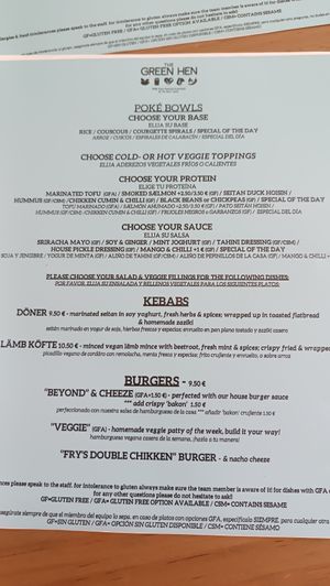 La carte at The Green Hen in Orihuela