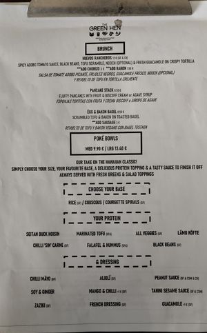 Menu at The Green Hen in Orihuela