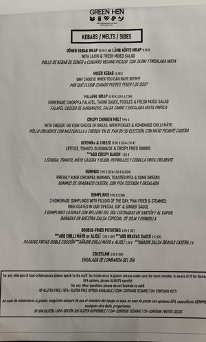 Menu at The Green Hen in Orihuela