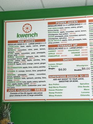 Kwench Juice Cafe menu - Raleigh location  at Kwench Juice Cafe in Raleigh