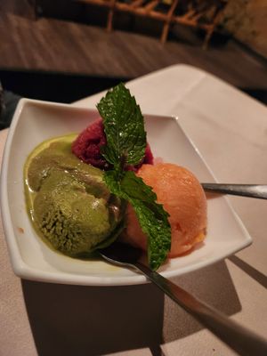 Papaya, Cranberry, and matcha sorbet at Tin Jo in San Jose