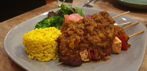 Legendary satay with turmeric rice.
Everything on this plate including the unassuming broccoli was flavourful  at Shakahari Too in South Melbourne