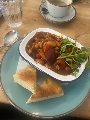 Vegan chilli bean bowl with focaccia   at Dudley and George's in Llandudno