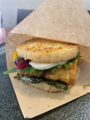 The rice burger. Delicious   at Nakagawa Hatsumeido - 中川発明堂 in Kyoto