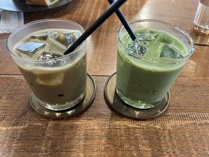 Hojicha and matcha latte (with soy milk)  at Nakagawa Hatsumeido - 中川発明堂 in Kyoto