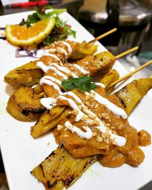 Satay mock chicken skewers at Taste of Asia Wollongong  in Wollongong