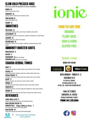 Menu at Ionie Organic Cafe in Sarasota