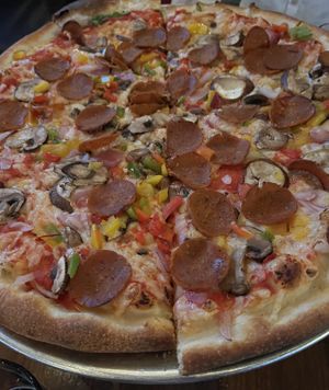 Veganized “NY style” pizza  at Blue Pan Pizza in Denver