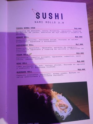 Vegan roll on menu at Restaurante Nami in Cartagena