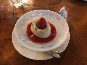 Silken tofu and strawberry sauce  at Rokaku Tea House - Hexagon Cafe  in Miyajima