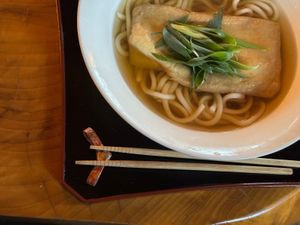 Kitsune Udon (vegan) at Rokaku Tea House - Hexagon Cafe  in Miyajima