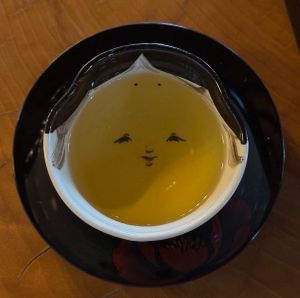 Green tea in a beautiful teacup at Rokaku Tea House - Hexagon Cafe  in Miyajima