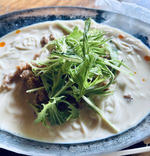 Noodles with soy milk and soy meat  at Rokaku Tea House - Hexagon Cafe  in Miyajima