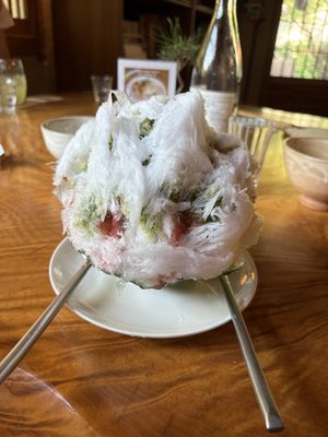 Vegan Matcha & Strawberry Shaved Ice  at Rokaku Tea House - Hexagon Cafe  in Miyajima
