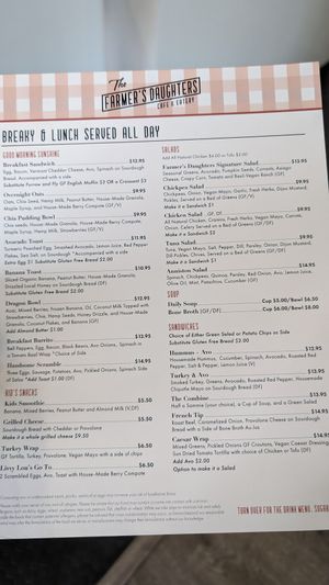 Menu, v is vegan at The Farmer's Daughters in Bozeman