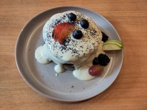 Blueberry Poppy Pancakes at Morgentau. in Barcelona