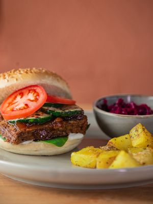 House made Black Bean Burger at Morgentau. in Barcelona