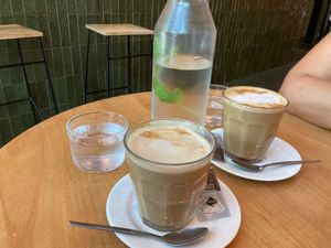 Latte and the great water with mint and lemon   at Morgentau. in Barcelona