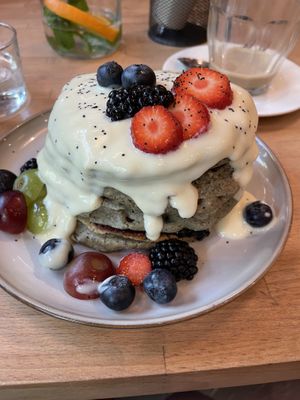 Blueberry pancakes  at Morgentau. in Barcelona