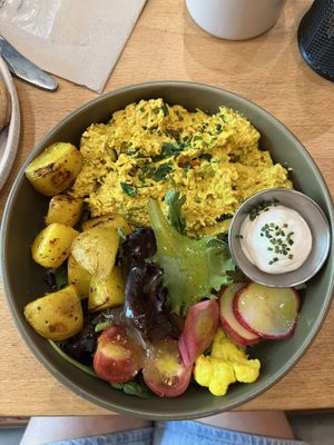 Scrambled tofu with potatoes (potatoes is the gluten free option)   at Morgentau. in Barcelona