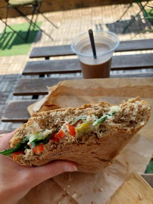 Hummus sandwich 3.5 euro and snickers smoothie 3 euro at Vitamince in Podgorica
