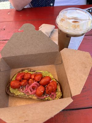 Avocado toast and cinnamon iced coffee  at Presto Strange O Cafe in Warwick