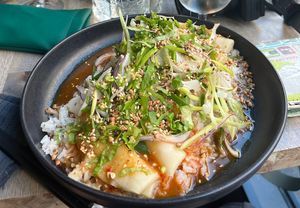 Vegetable dumplings with rice  at Asian Xpress in Gothenburg