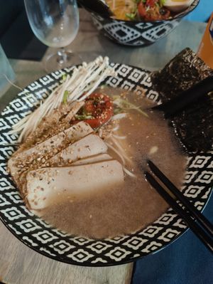 Vegan ramen with roasted garlic broth at Asian Xpress in Gothenburg