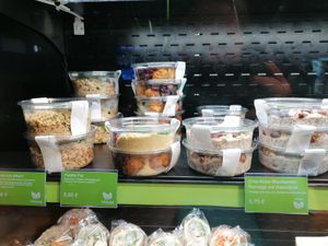 Some of the vegan options from the fridge section: couscous, falafel with hummus, and oat-chia porridge at FRA - Superfood - T1 in Frankfurt
