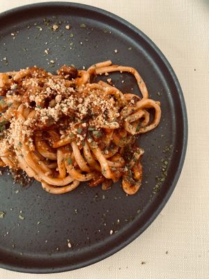 Pici all'amatriciana vegana at Il Caldetino in Vicchio