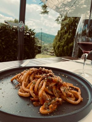 Pici all’amatriciana vegana at Il Caldetino in Vicchio