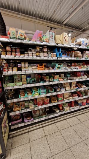 Assorted vegan products at denn's Biomarkt in Flensburg