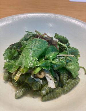Namool pasta. The torched smoked flavor was very nice   at Legume Seoul in Seoul
