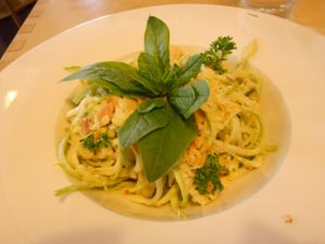 zucchini noodles with cream sauce, raw but fresh and delicious (starter) at Cafe Ukrop in St Petersburg