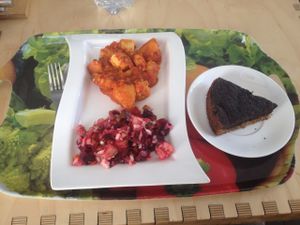 Options from the food bar with poppyseed cake at Cafe Ukrop in St Petersburg