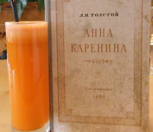 delicious fresh carrot juice, books available, here is Tolstoi, Anna Karenine  at Cafe Ukrop in St Petersburg