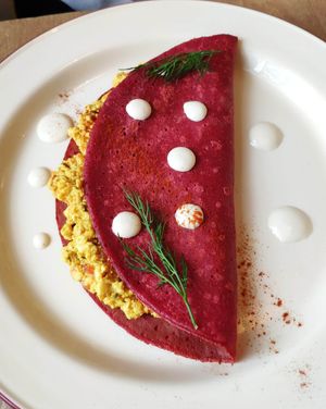 Chickpea pancake with scrambled tofu at Cafe Ukrop in St Petersburg