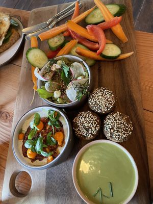 Crudite, fava-avocado mash, tomato-hemp spread, falafel & tahini  at Livbud Cafe in Seattle